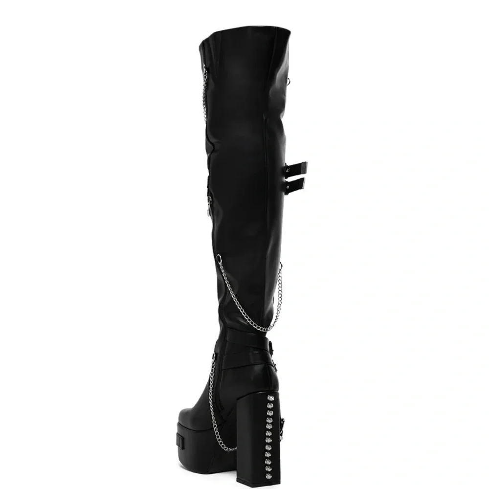 AZALEA WANG Black Leather Studded & Chain Over the Knee Block Heel Boots